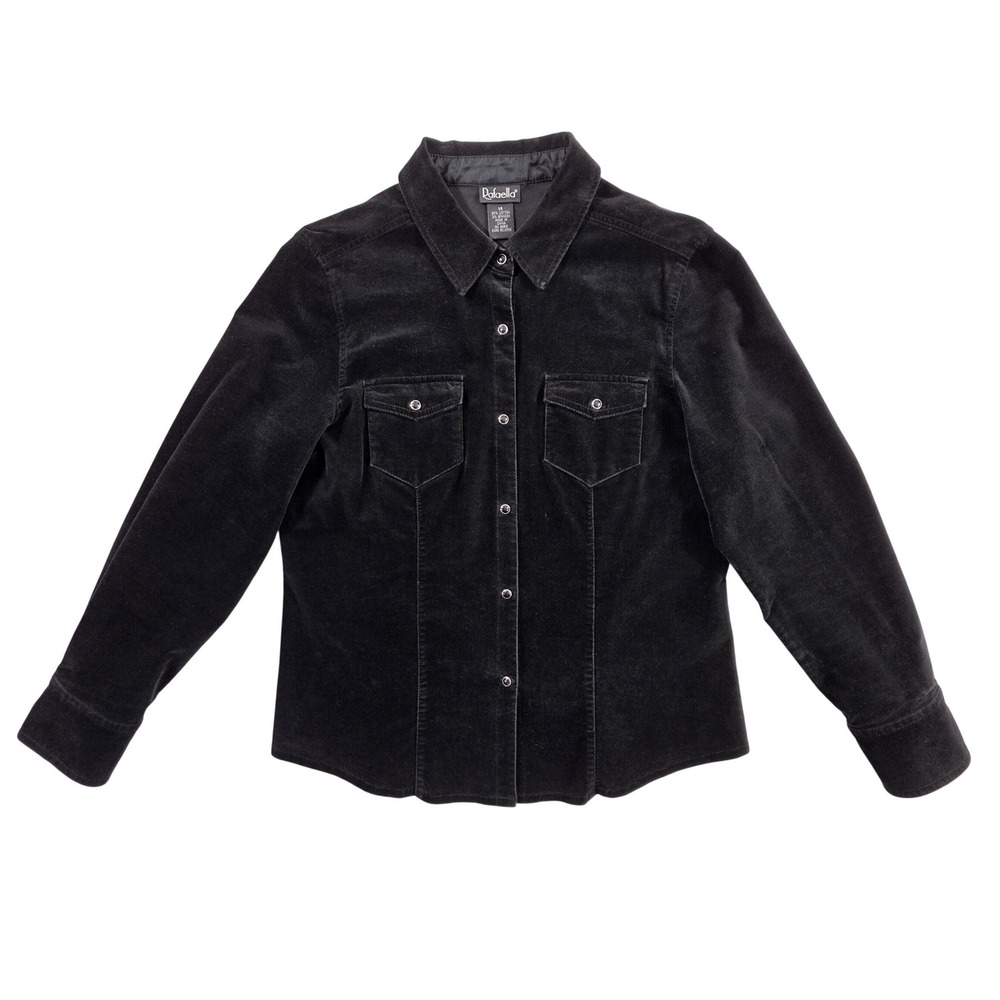 Rafaella Black Velvet Button Down Shirt Womens 14 Pearl Snaps Stretch Goth